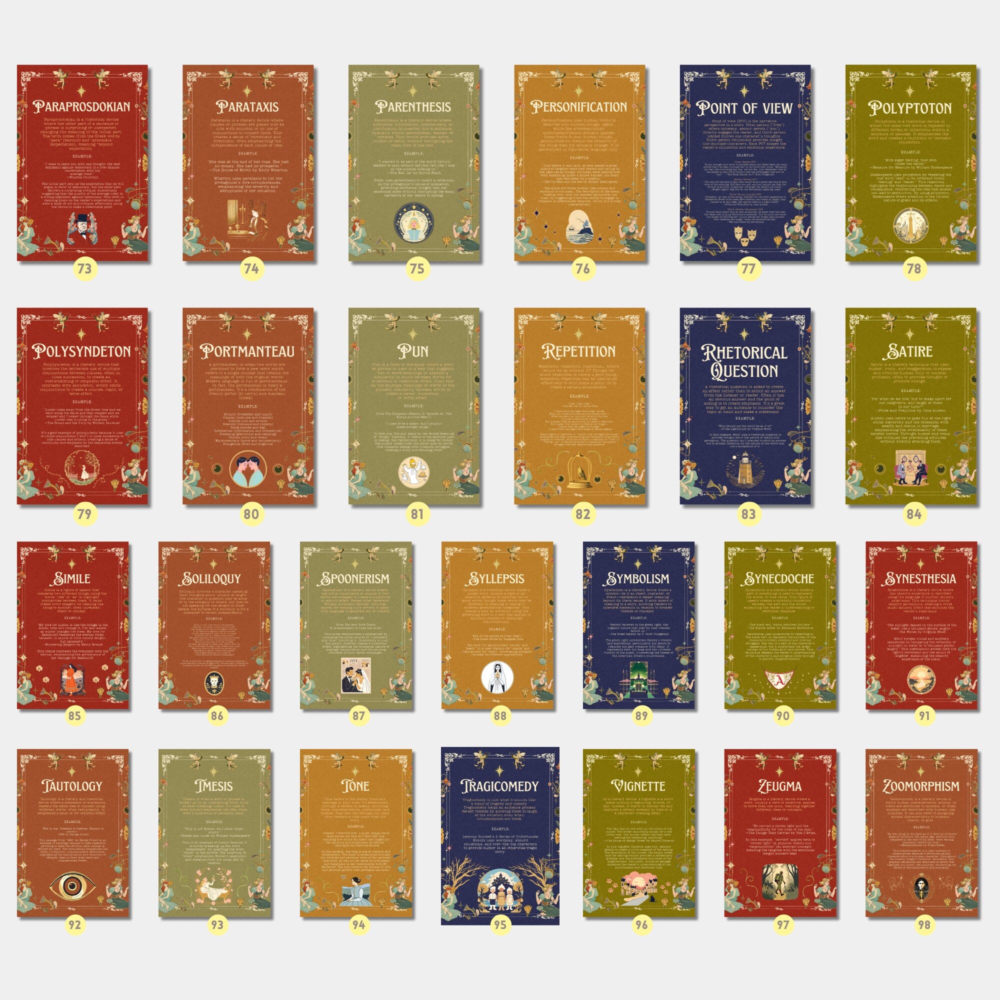 Printable literary devices poster set of 90+ for English classroom decor, ELA bulletin boards, literary elements displays, and wall art.