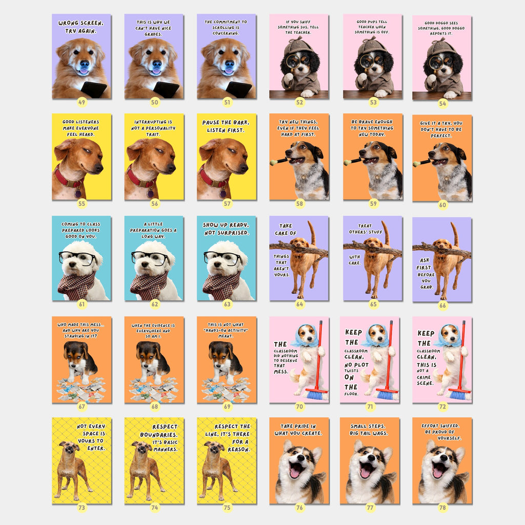 Printable funny class rules dog meme posters for middle school and high school classroom decor, teacher bulletin boards, and playful displays.
