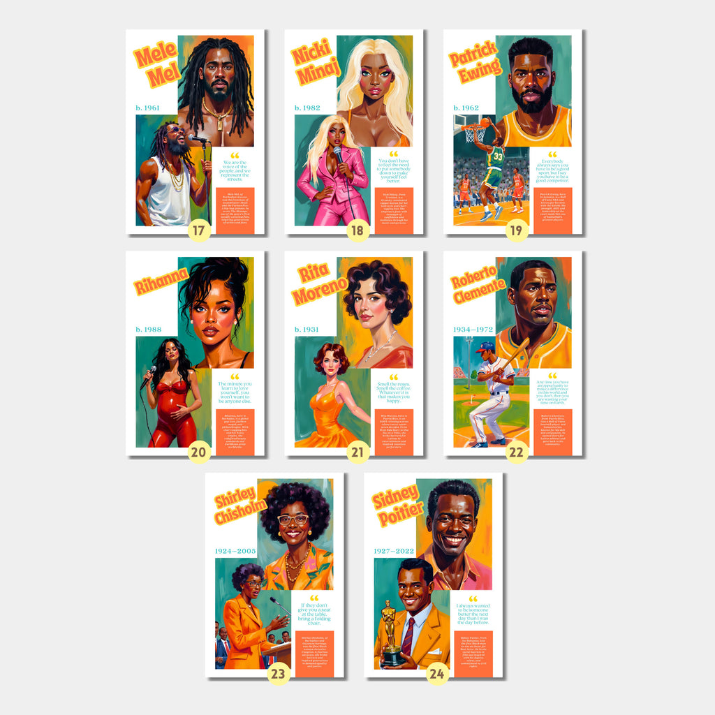 Printable Caribbean-American Heritage Month poster set of 30 featuring history icons for June bulletin boards, classroom decor, and displays.
