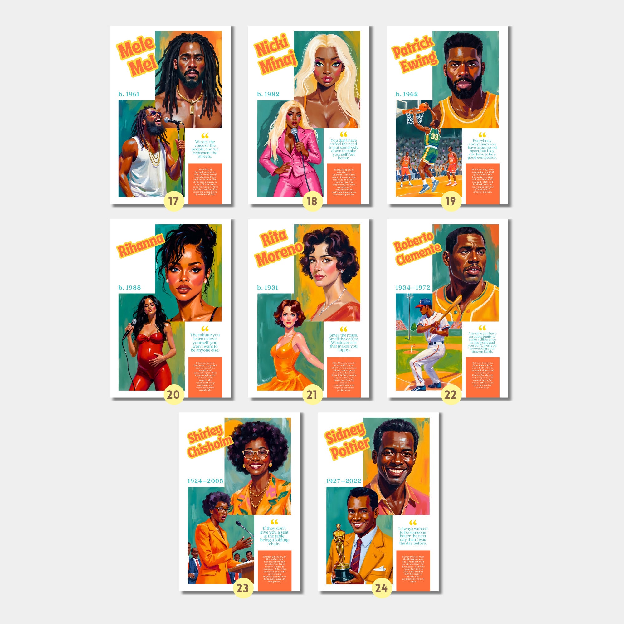 Printable Caribbean-American Heritage Month poster set of 30 featuring history icons for June bulletin boards, classroom decor, and displays.