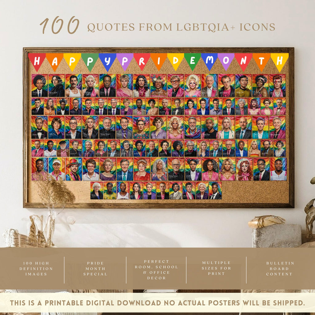 Printable Pride Month quotes poster set of 100 for LGBTQIA+ history, rainbow classroom decor, June bulletin boards, and inclusive displays.