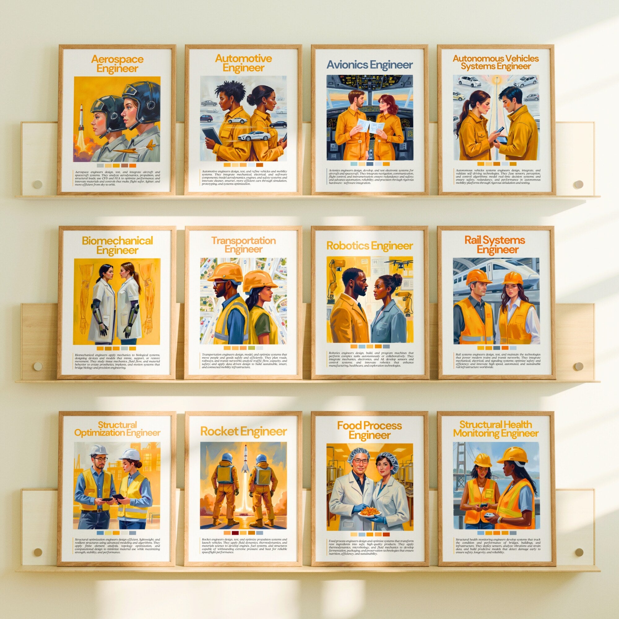 Printable engineering careers poster set of 70 for STEM classroom decor, career exploration, bulletin boards, homeschool spaces, and displays.