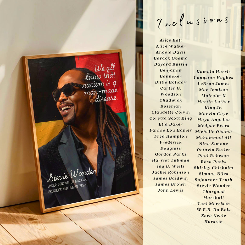 Printable Black History Month quotes poster set of 40+ featuring African American and African heritage icons for classroom decor and bulletin boards.