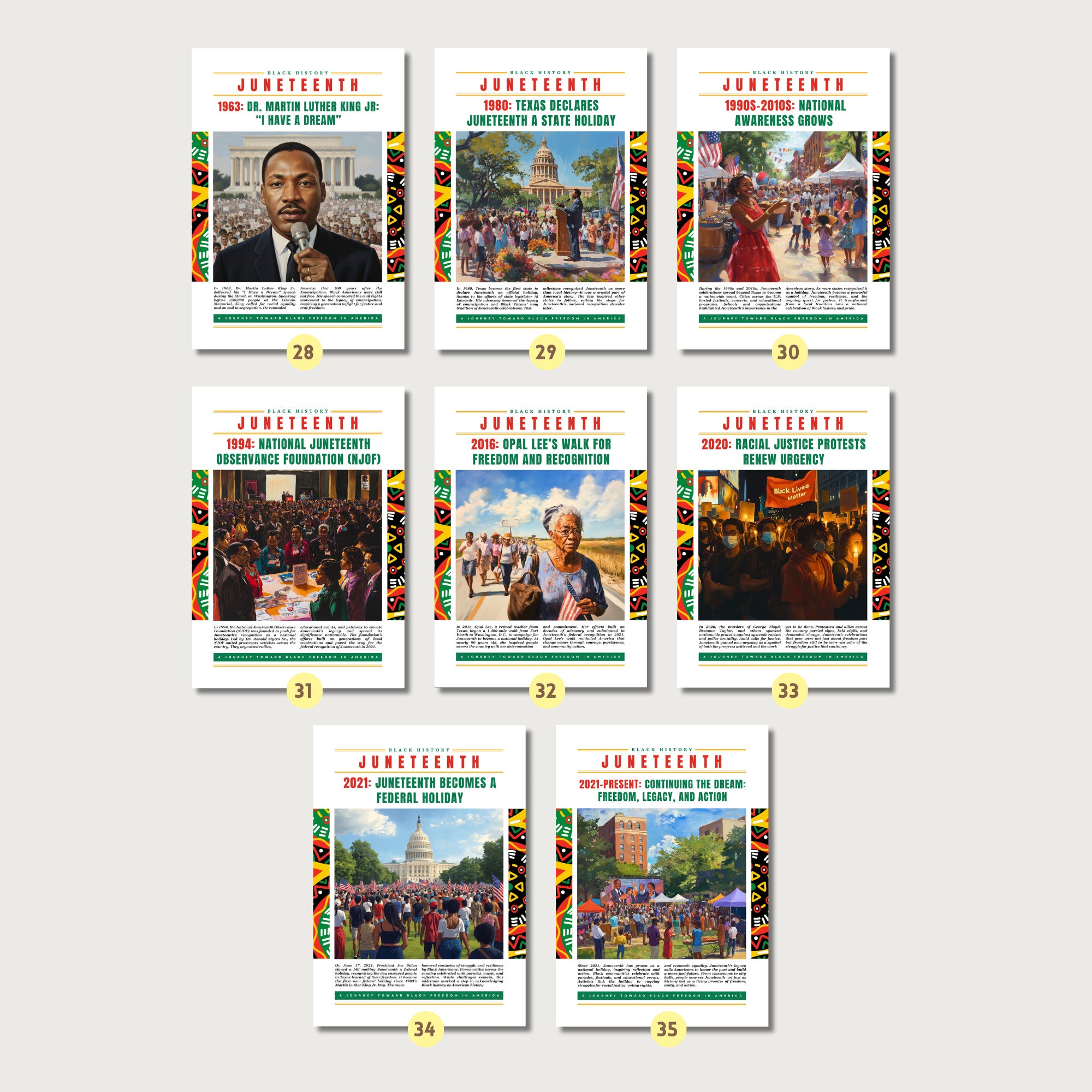 Printable Juneteenth poster set of 35 featuring history, timeline, freedom art, June bulletin board decor, and classroom display pieces.