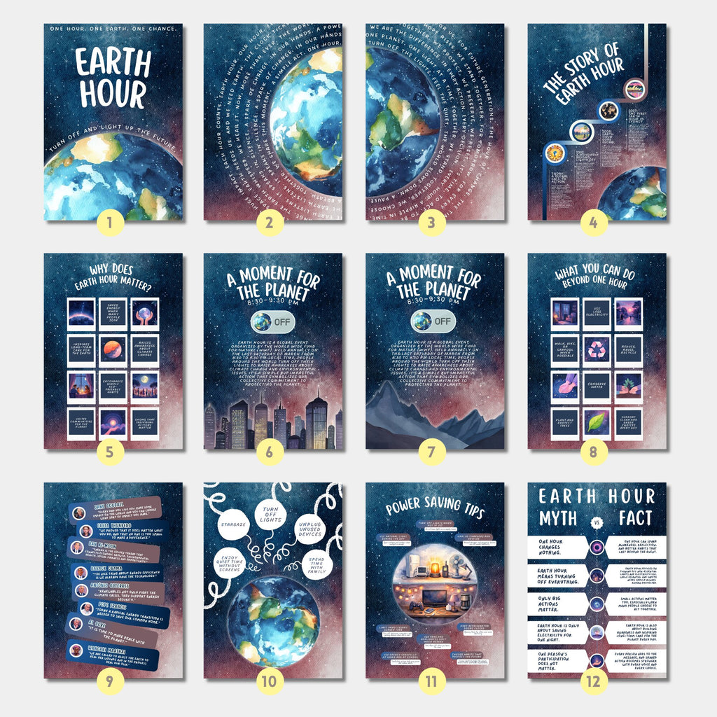 Printable Earth Hour poster set of 30 for climate change awareness, March bulletin boards, classroom decor, sustainability lessons, and displays.