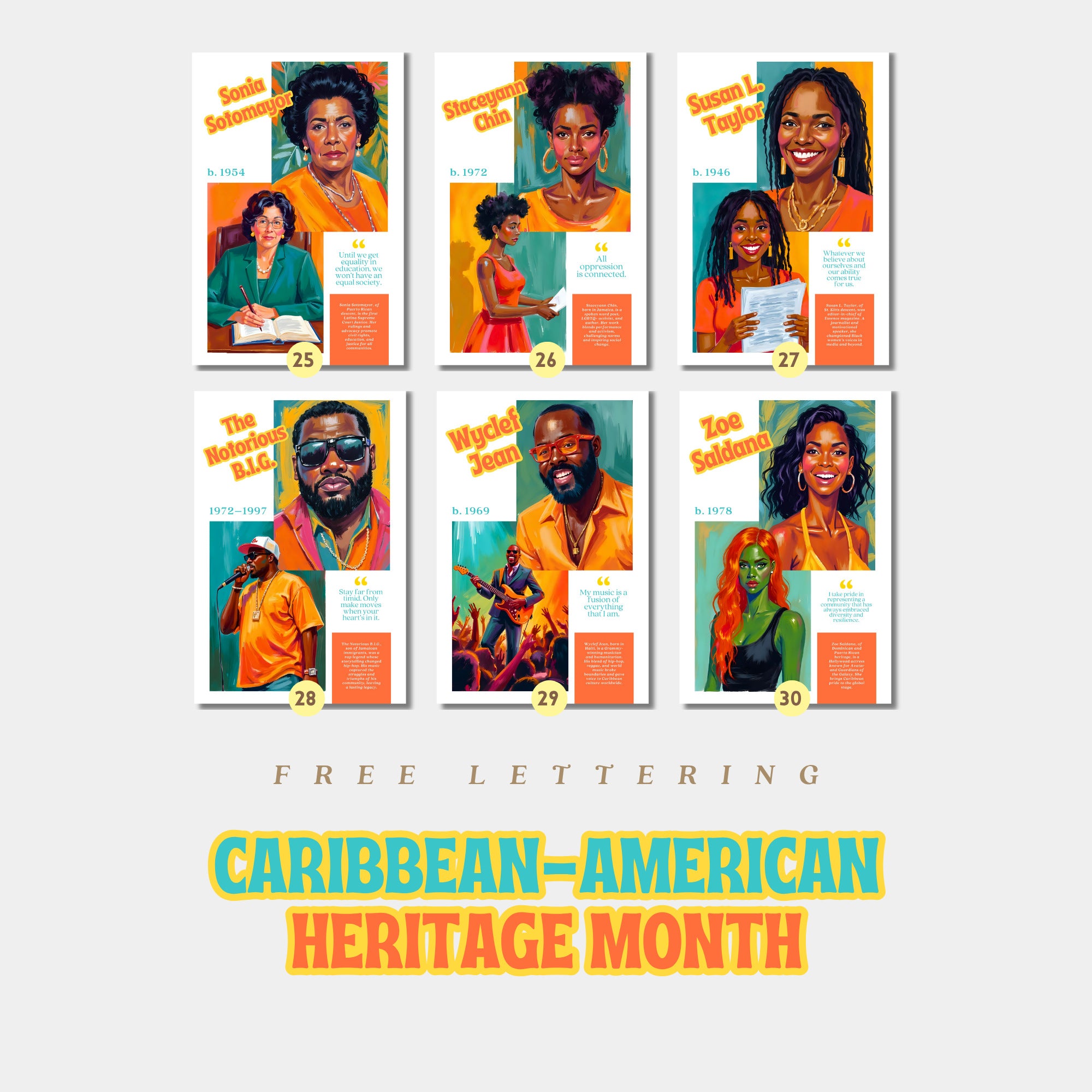 Printable Caribbean-American Heritage Month poster set of 30 featuring history icons for June bulletin boards, classroom decor, and displays.