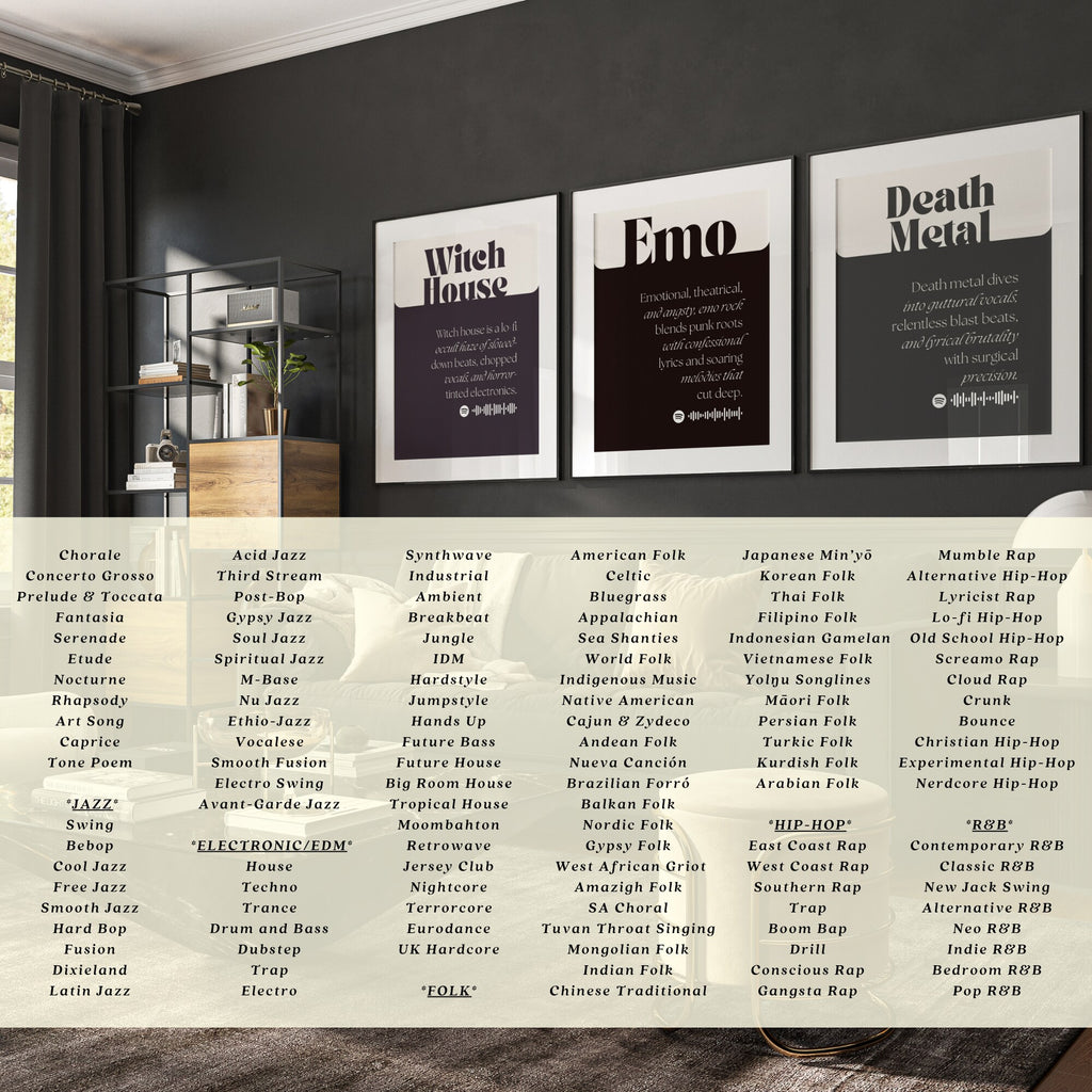 Printable music genres mega bundle with 600 posters for music classroom decor, studio displays, gallery walls, and educational bulletin boards.