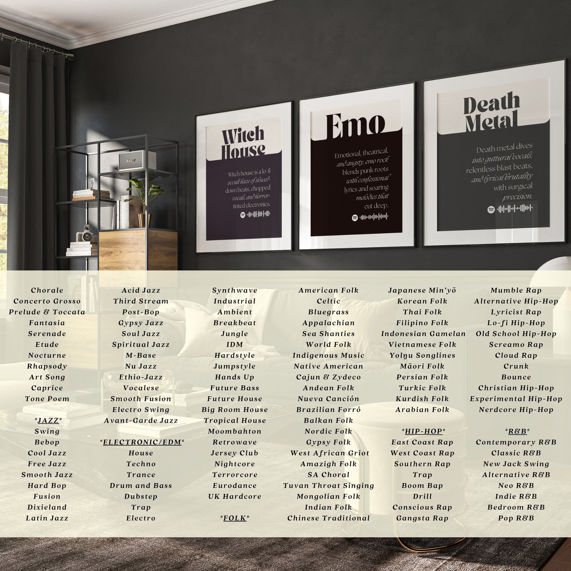 Printable music genres mega bundle with 600 posters for music classroom decor, studio displays, gallery walls, and educational bulletin boards.