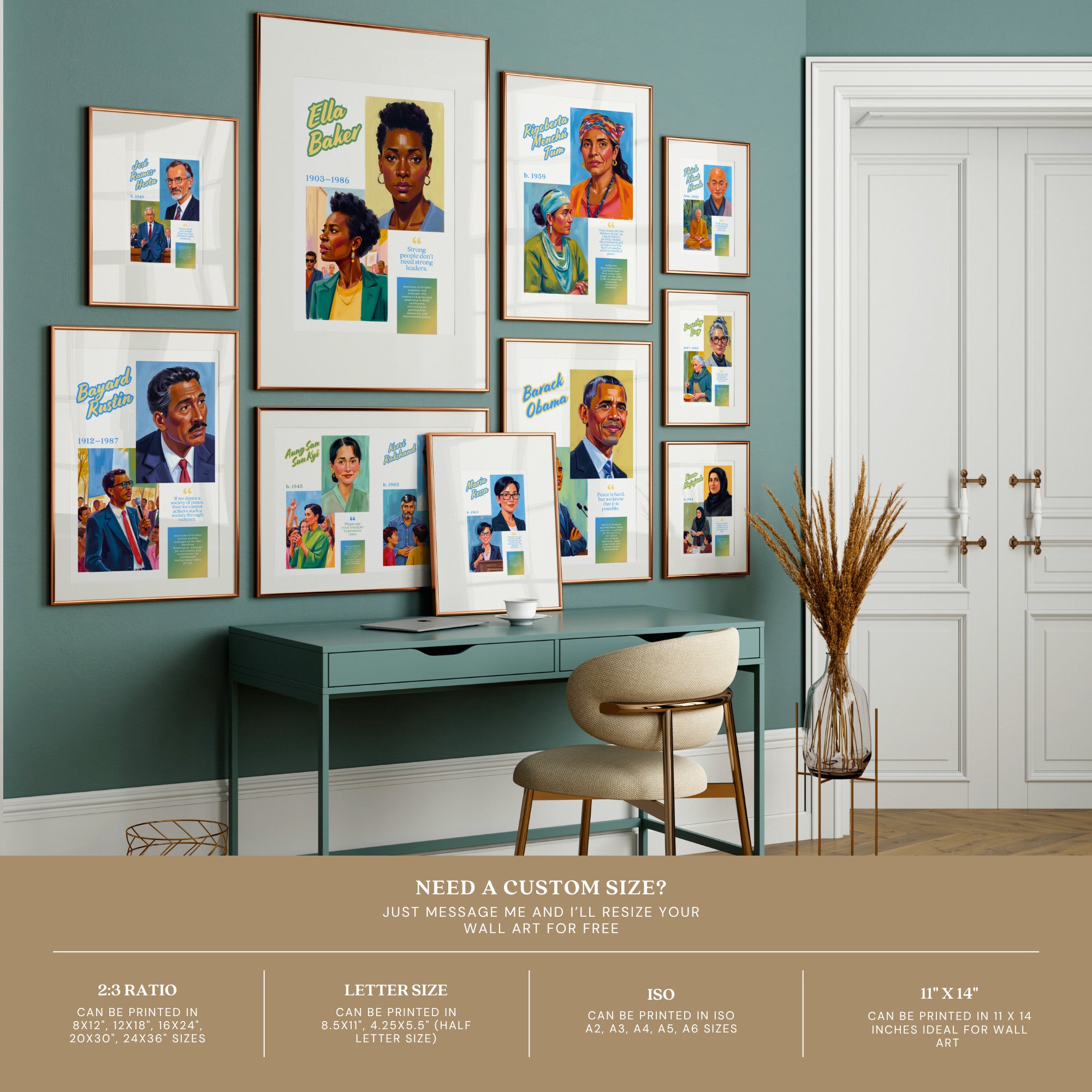 Printable peace advocates poster set of 60 featuring world leaders, famous inspirational quotes, history classroom decor, and bulletin board displays.