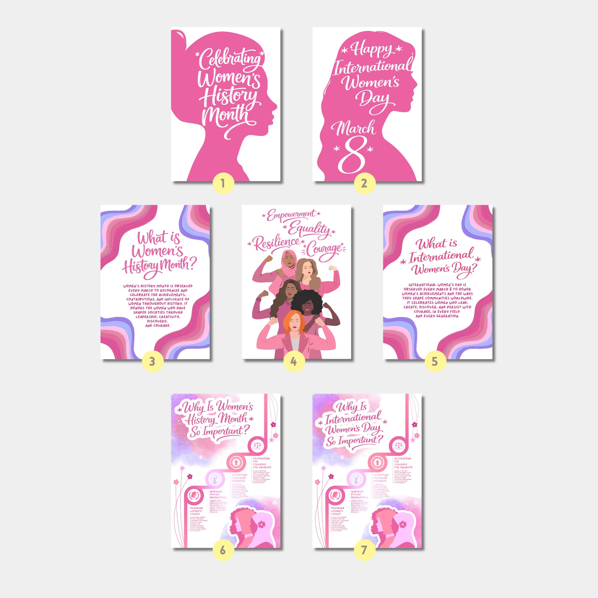 Printable Women’s History Month infographics and educational posters set of 100 for International Women’s Day, March bulletin boards, classroom decor, and displays.