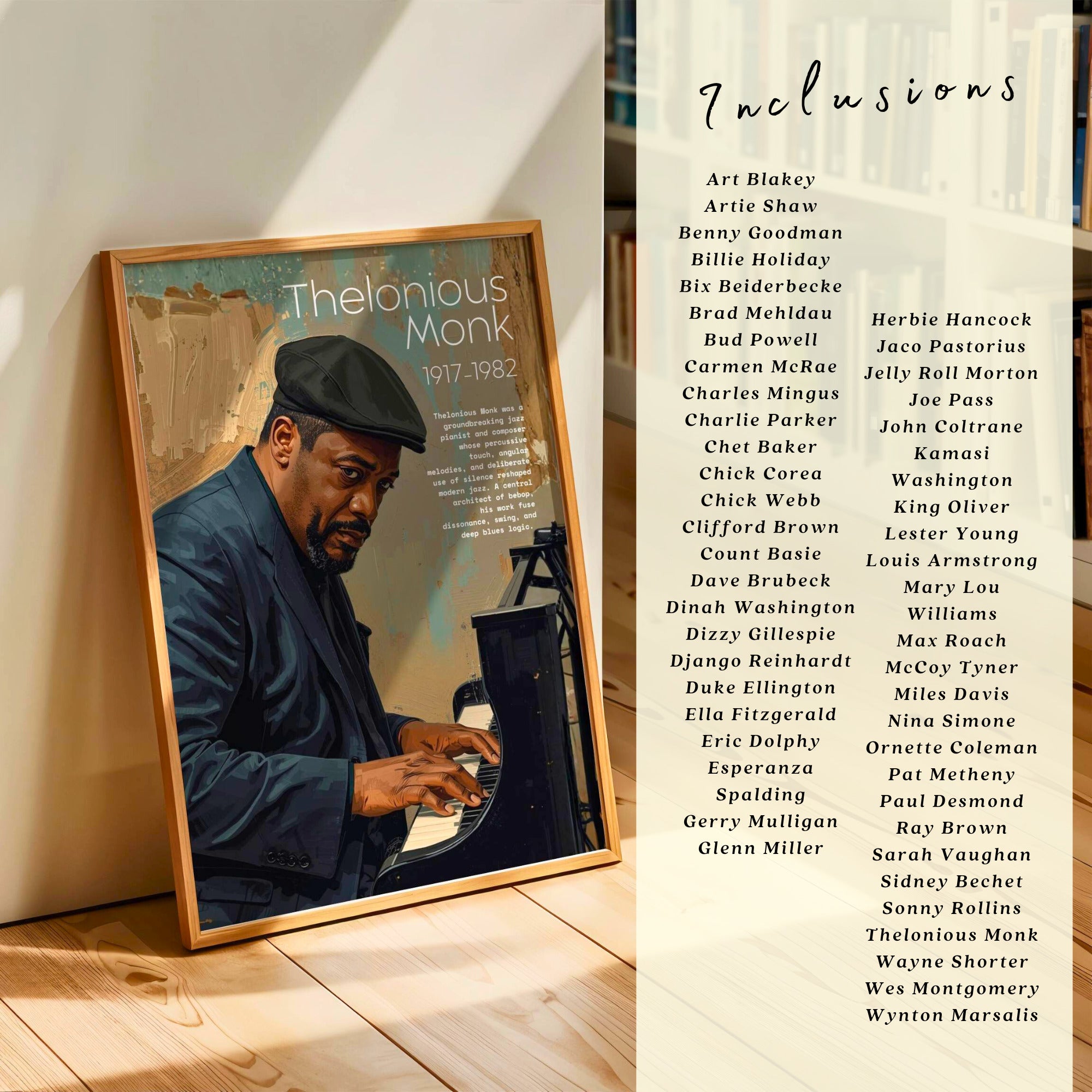 Printable jazz artists poster set of 50 for music classroom decor, music rooms, studio displays, gallery walls, and educational bulletin boards.