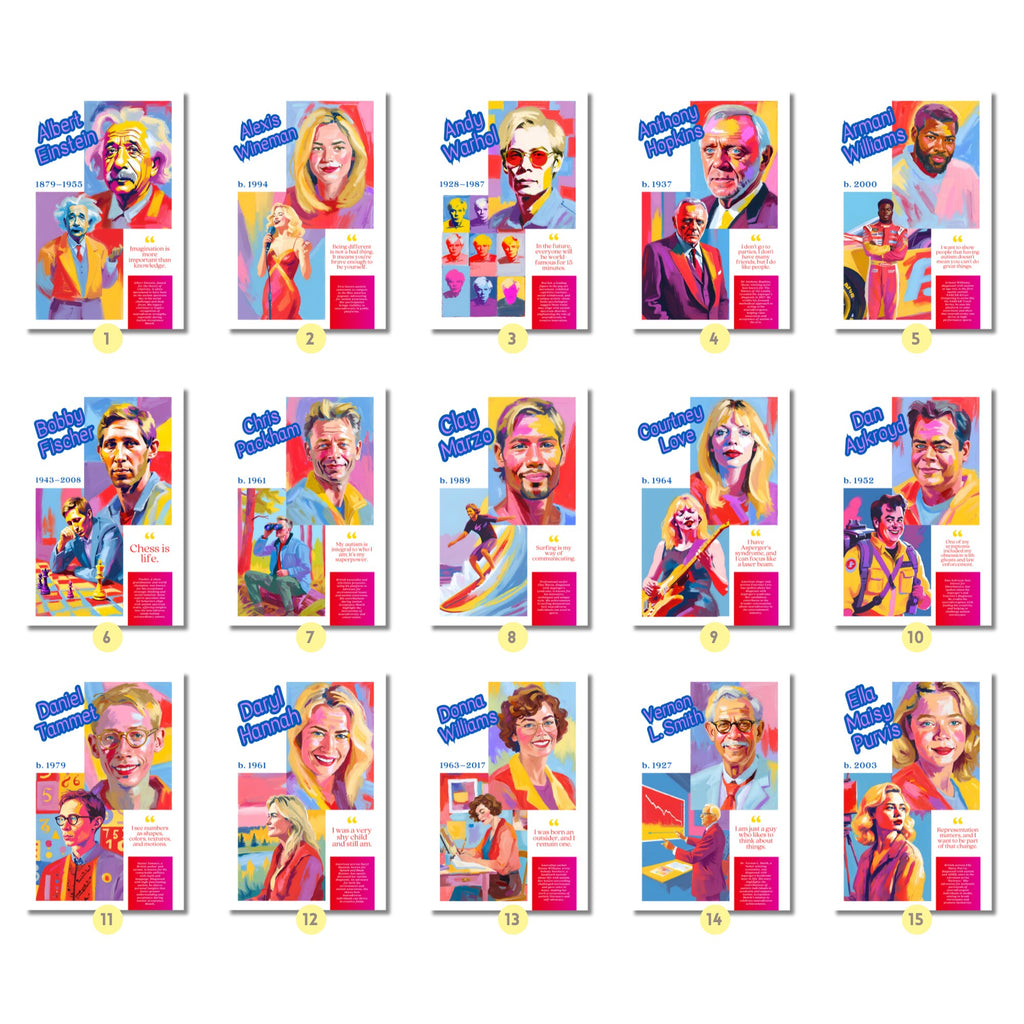 Printable neurodiverse icons poster set of 50 for Autism Acceptance Month, neurodiversity classroom decor, bulletin boards, and inclusive educational displays.