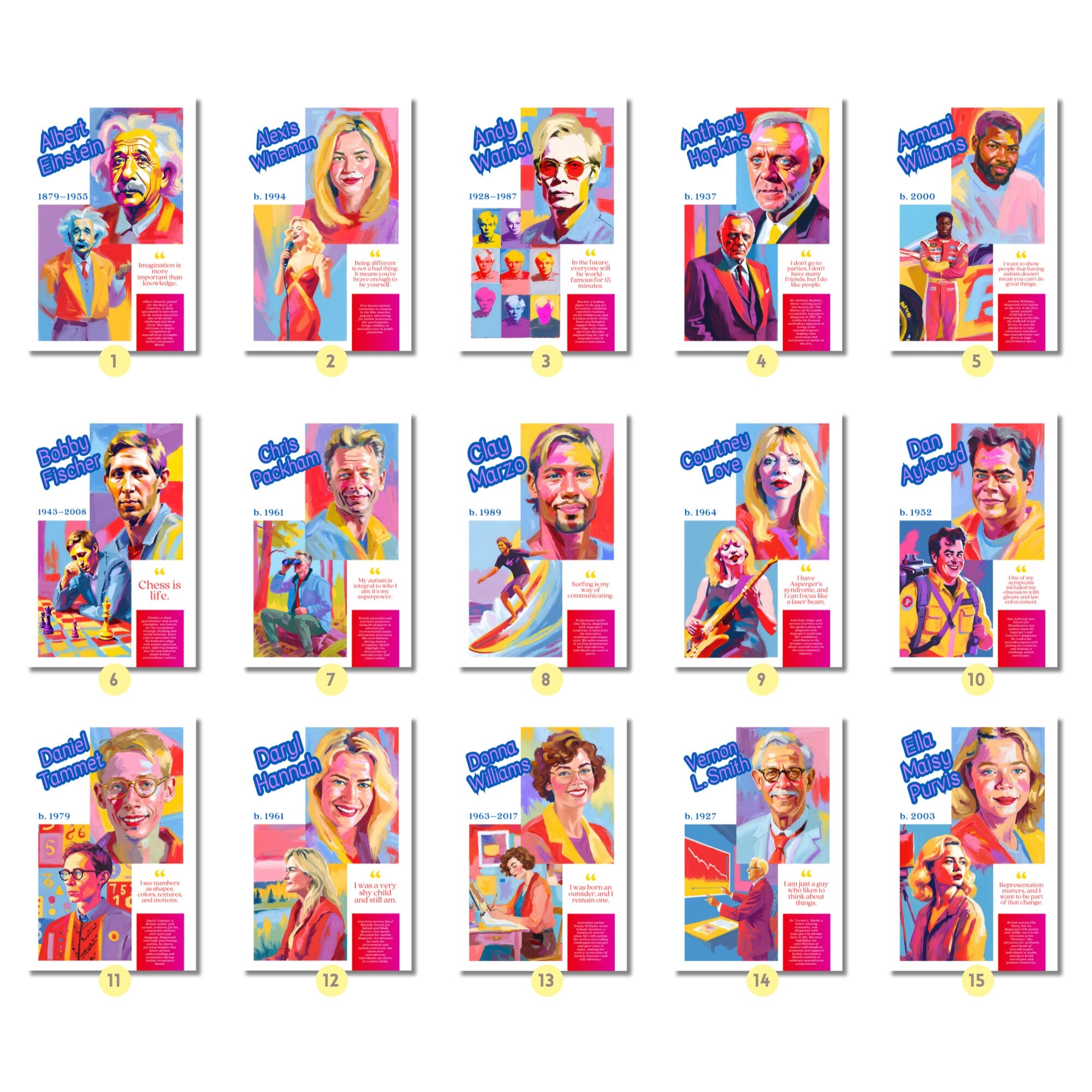 Printable neurodiverse icons poster set of 50 for Autism Acceptance Month, neurodiversity classroom decor, bulletin boards, and inclusive educational displays.