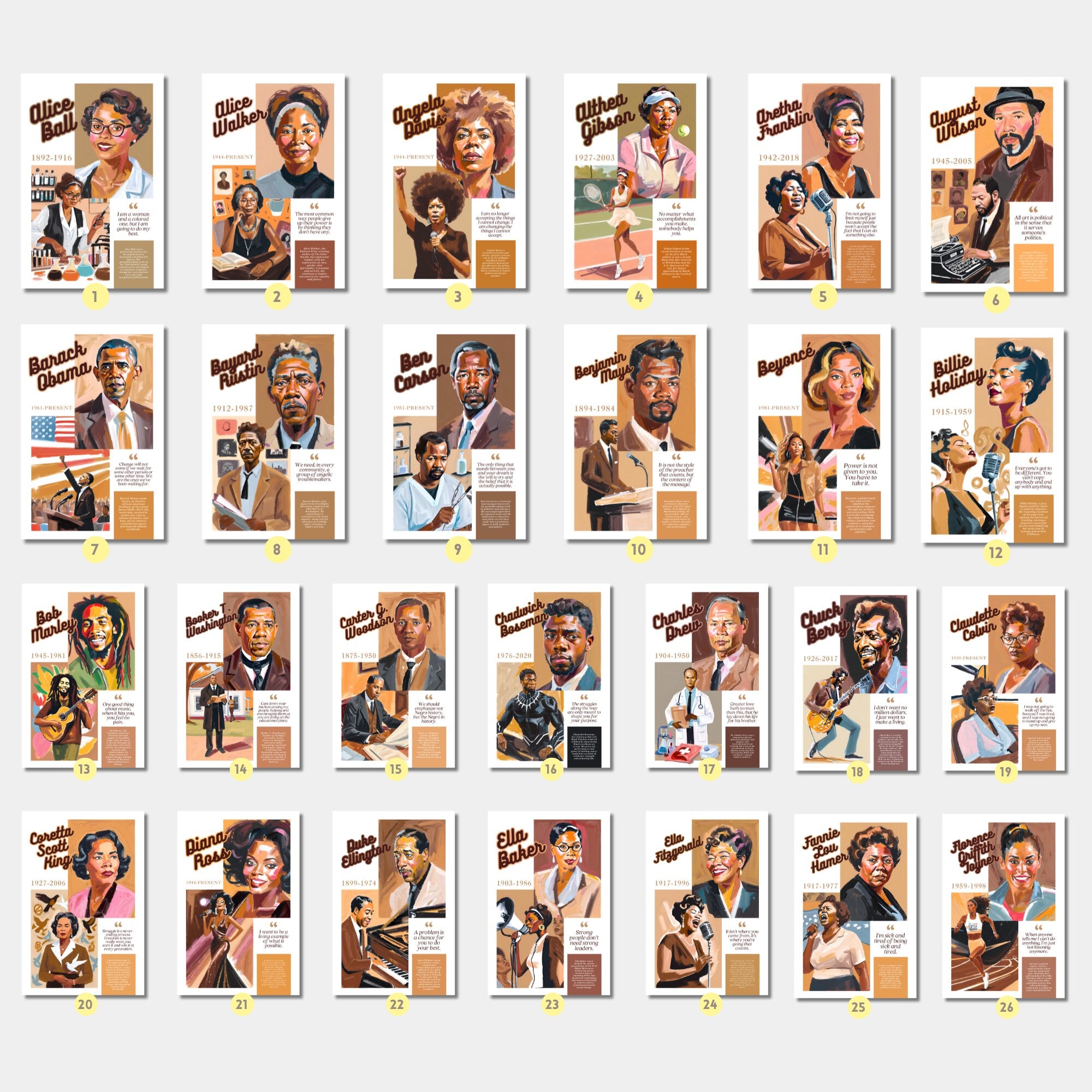Printable Black History Month poster set of 85 featuring African American and African heritage icons, famous quotes, classroom decor, and bulletin boards.