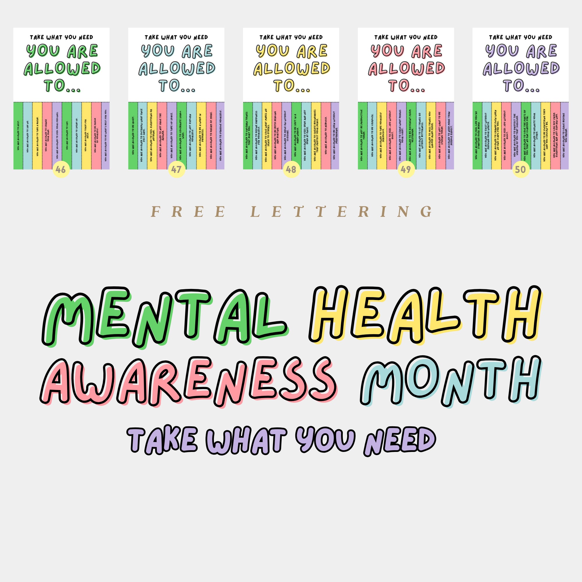 Printable Mental Health Awareness Month poster set of 50 with takeaway quotes for classroom, office, wellness bulletin boards, and decor.
