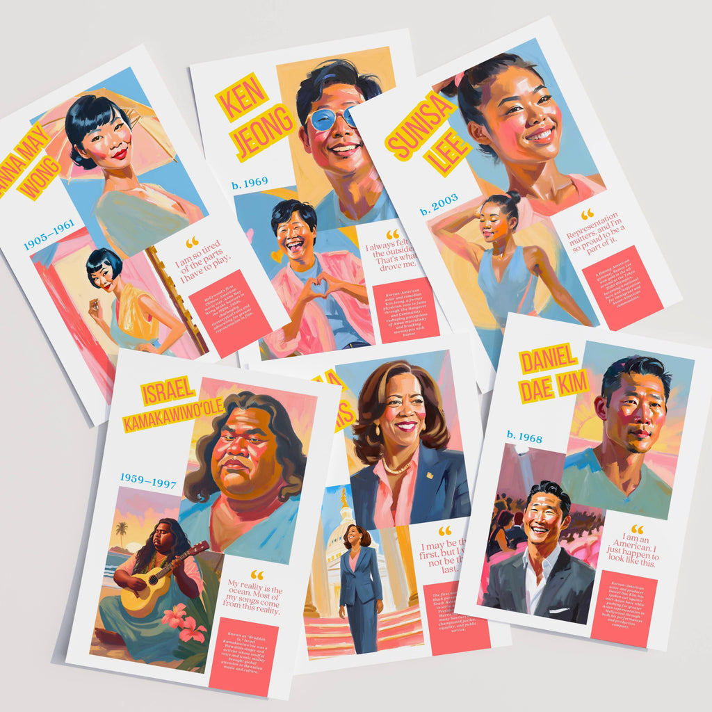 Printable AAPI Heritage Month poster set of 50 featuring Asian American and Pacific Islander icons for classroom decor and bulletin boards.