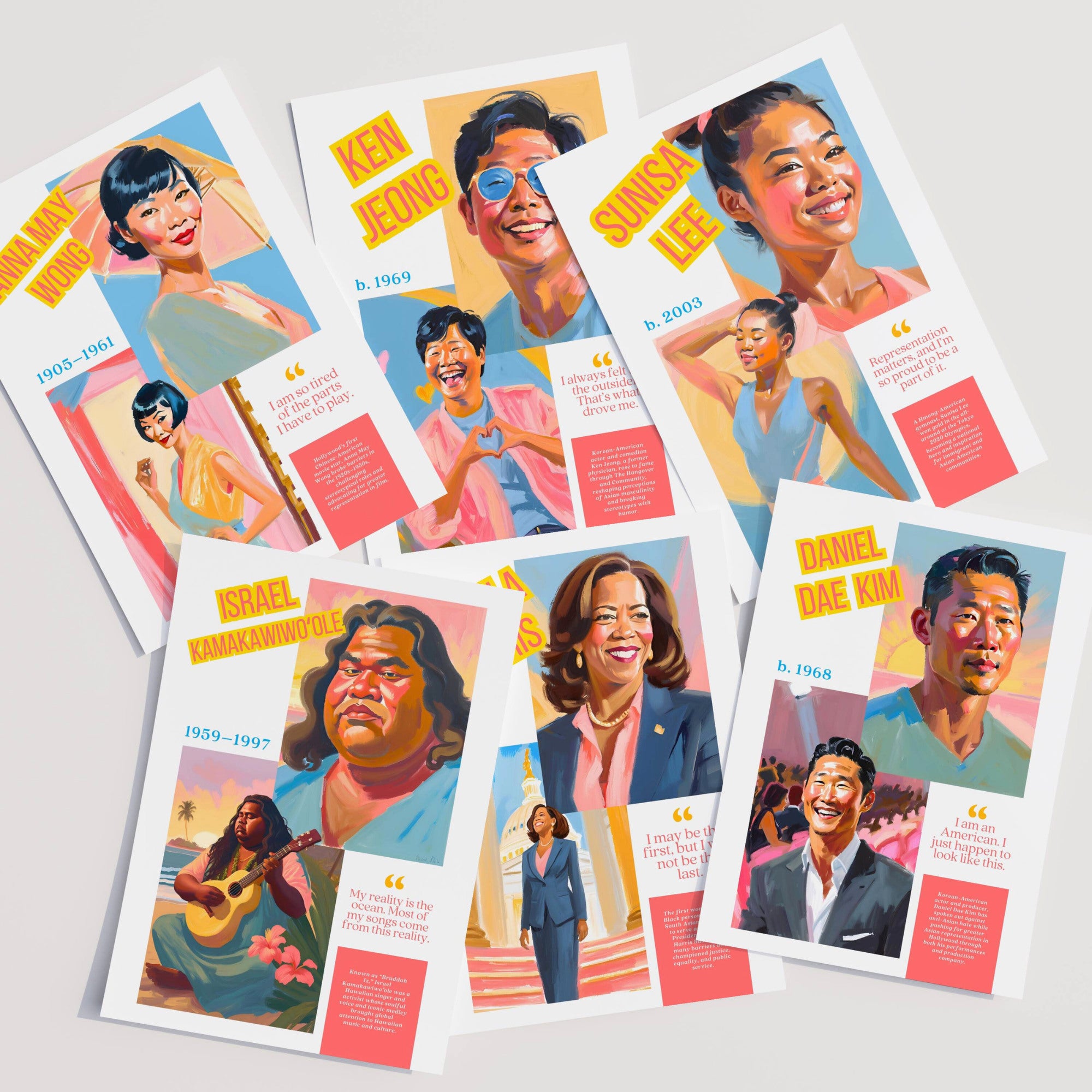 Printable AAPI Heritage Month poster set of 50 featuring Asian American and Pacific Islander icons for classroom decor and bulletin boards.