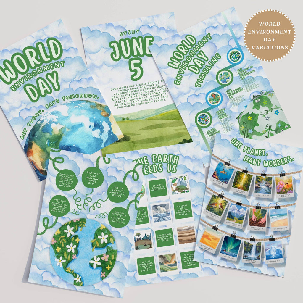 Printable Earth Day poster set of 140 for climate change awareness, world environment lessons, classroom decor, bulletin boards, and displays.