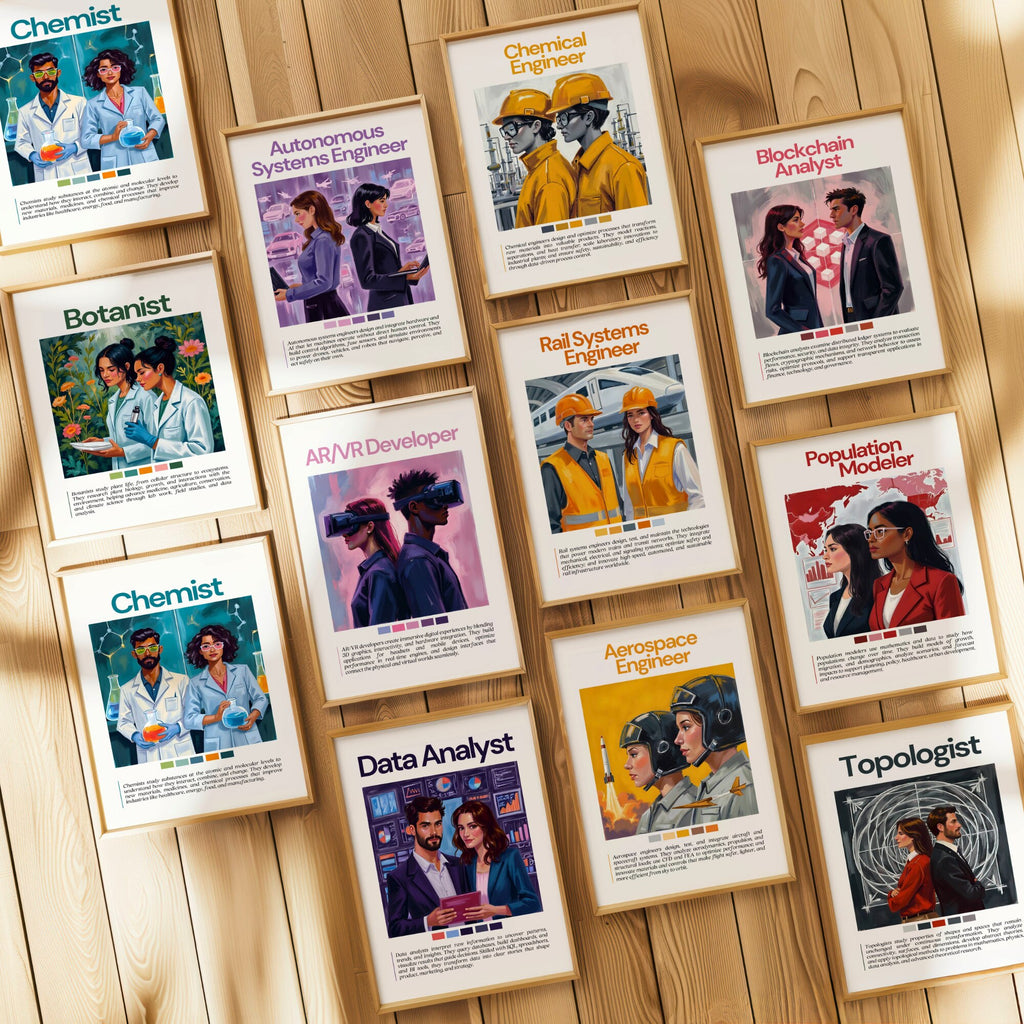 Printable STEM careers mega bundle with 250+ posters for science, technology, engineering, and math classroom decor, bulletin boards, and career exploration.