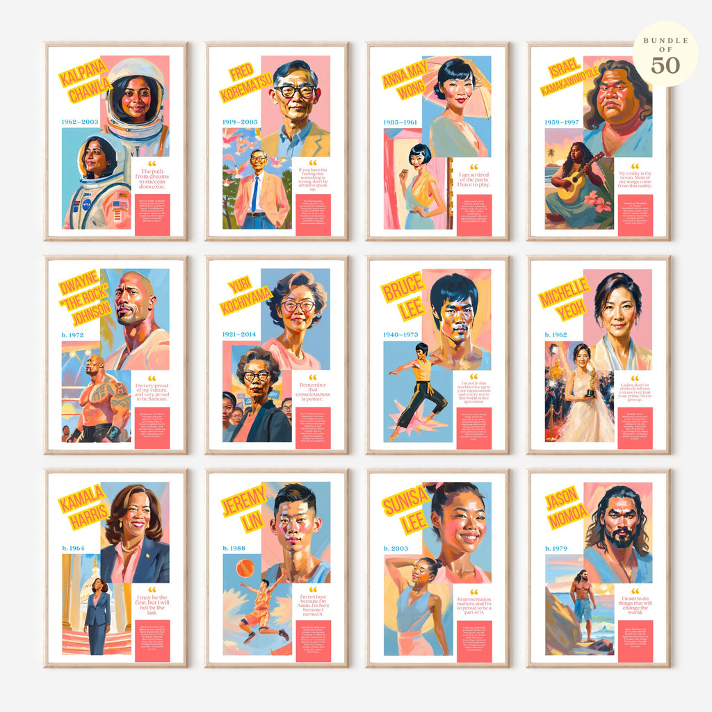 Printable AAPI Heritage Month poster set of 50 featuring Asian American and Pacific Islander icons for classroom decor and bulletin boards.