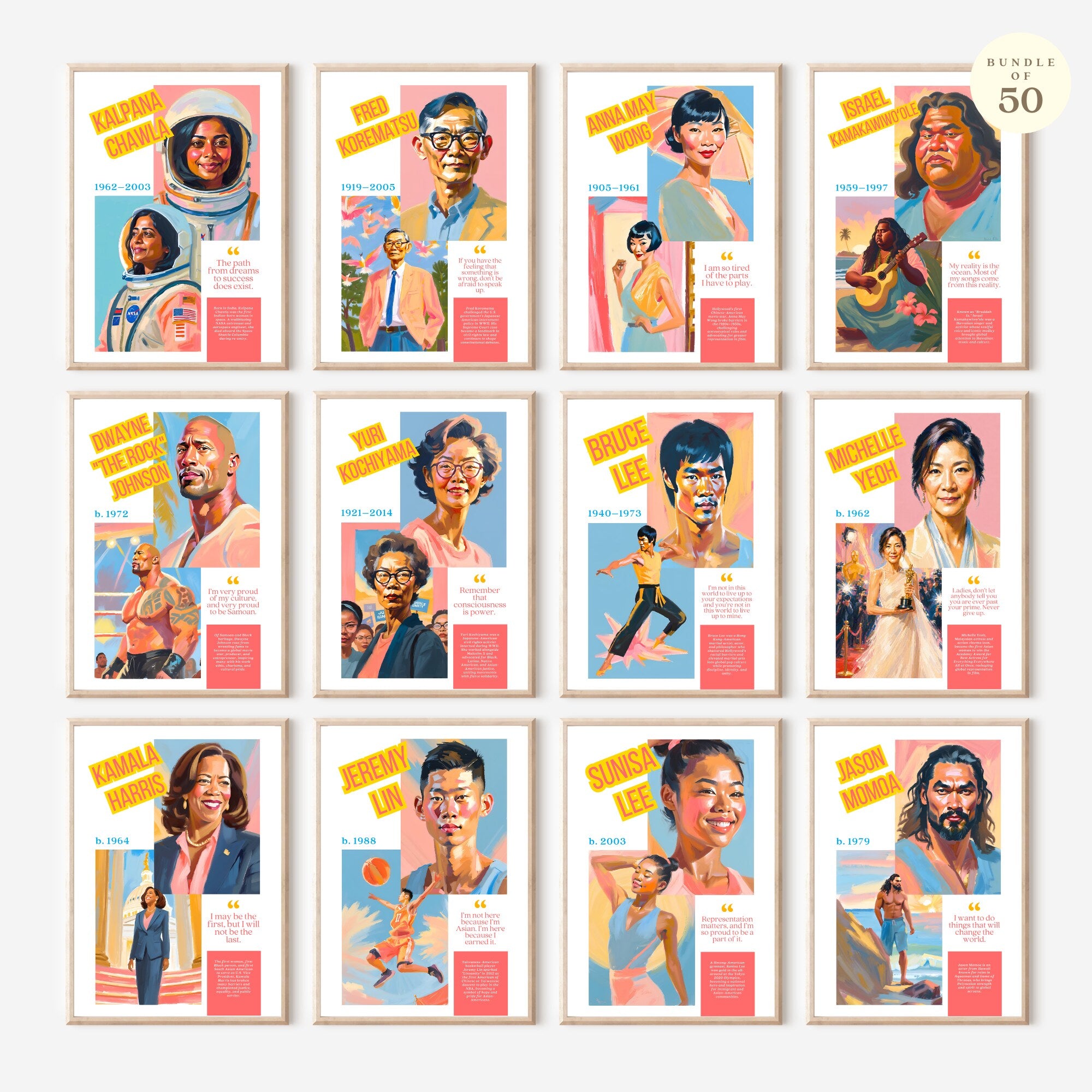 Printable AAPI Heritage Month poster set of 50 featuring Asian American and Pacific Islander icons for classroom decor and bulletin boards.