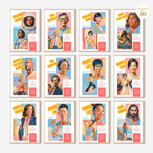 Printable AAPI Heritage Month poster set of 50 featuring Asian American and Pacific Islander icons for classroom decor and bulletin boards.