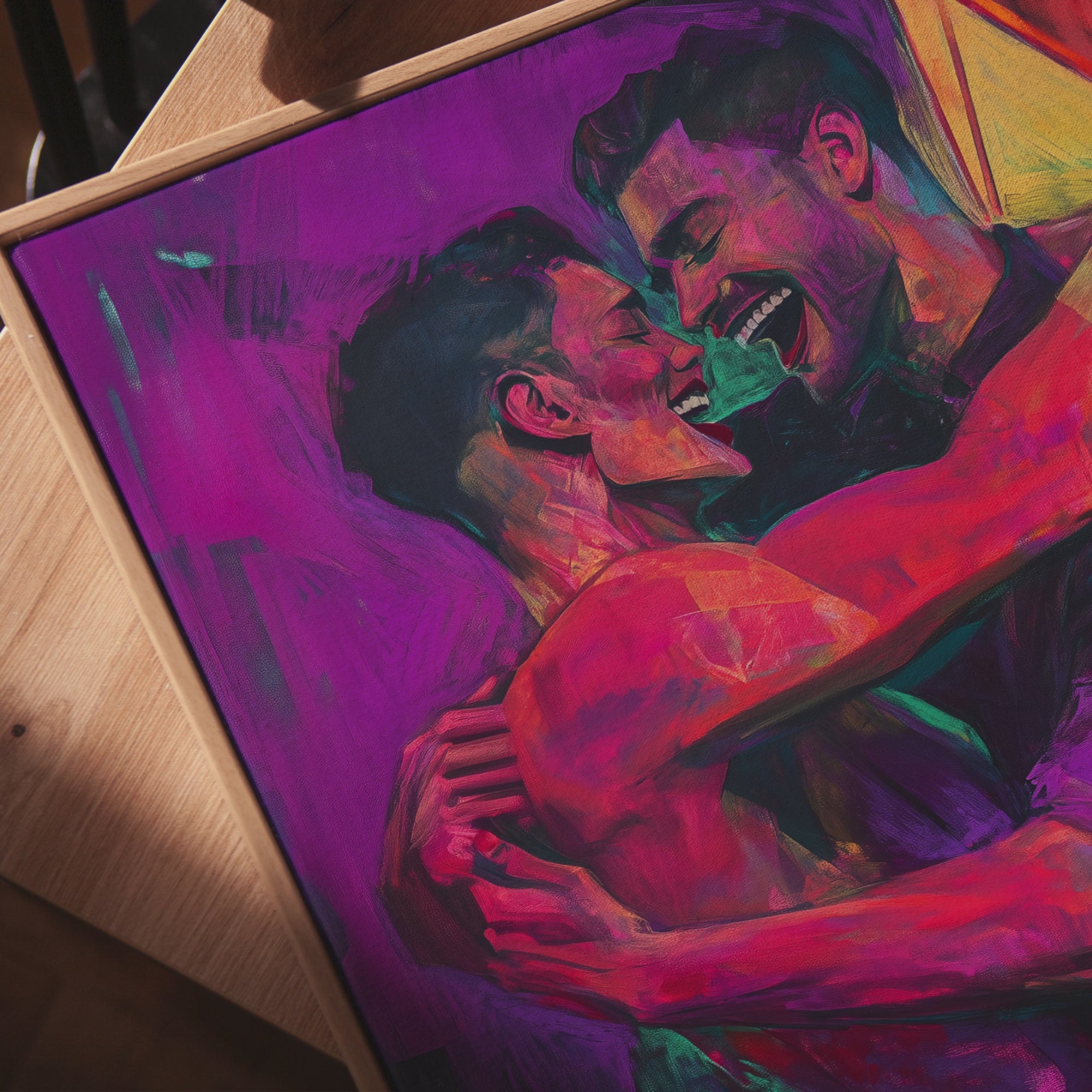 Printable gay couple wall art in a queer eclectic neon style for Pride Month decor, LGBTQIA+ spaces, gallery walls, and inclusive home decor.